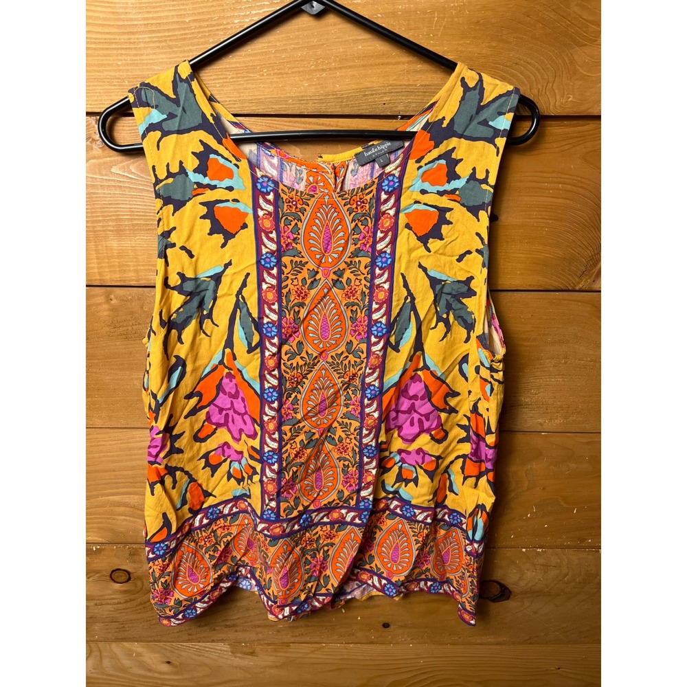 Haute Hippie Style L Yellow Floral Print Sleeveless Button Front Rayon Top Women